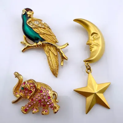 3 Gold Tone Brooches- Parrot, Elephant, Moon & Star