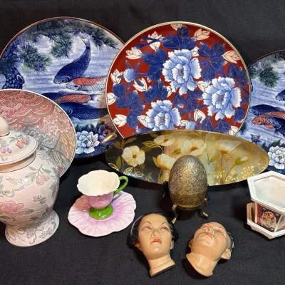 Collection of Asian Style Decor - Plates, Ginger Jar, Fans