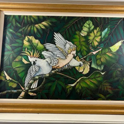 Signed Painting of Two White Cockatoos In Green Foliage 