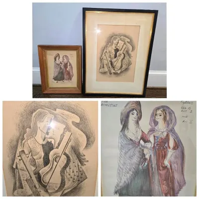 Vintage Original Signed Art Sketch & Watercolor 