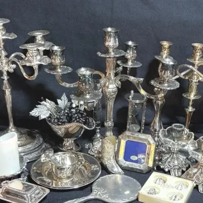 Collection of Silver Plate Decor - Candelabras, Frame, Trivets