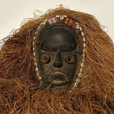 Large African Mask with Shells, Beads & Raffia Collar - Ivory Coast 