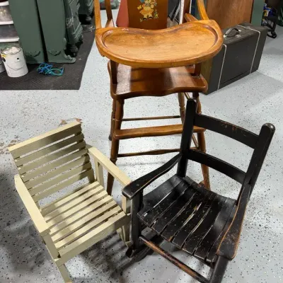 3 Children’s Wooden Seating Items -Vintage High Chair And 2 Rockers