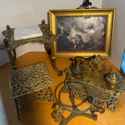Brass Lot - Double Inkwell Set, Plant Stands, Wooden Framed Print