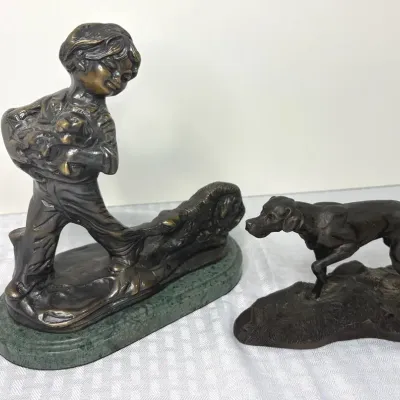 Vintage Bronze on Green Marble Boy with Puppy  