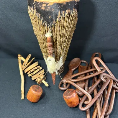 African Goat Hide Drum, Balancing Toy, Rattle, Wedding Chain
