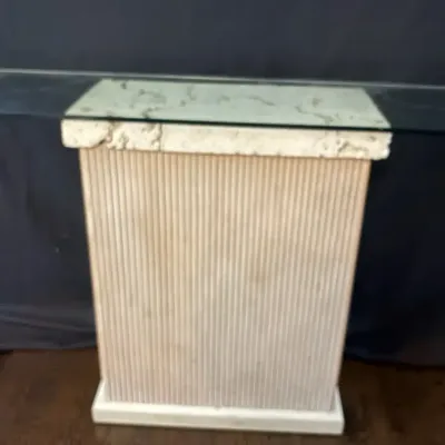Travertine/Fossil Style Pedestal Glass Top Console Table 