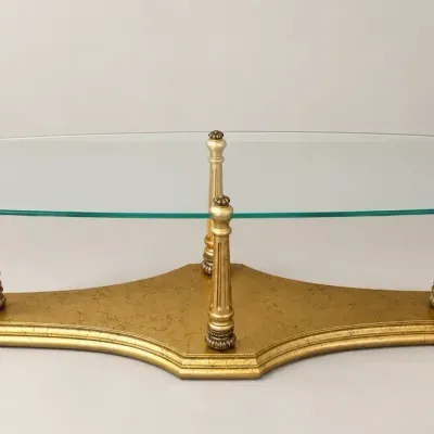 Vintage Regency Moderne-Style Gilt on Wood Glass Top Coffee Table