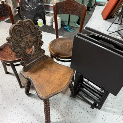 3 Vintage Wooden Chairs and A Set of 4 Folding Tray Tables