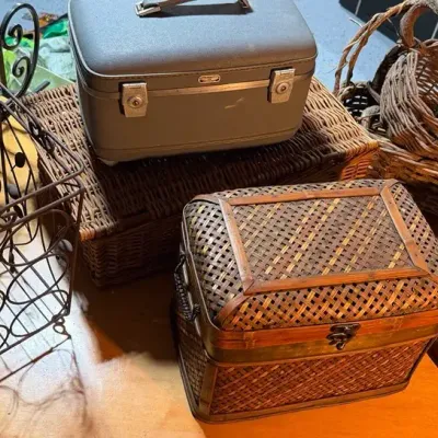 Decorative Wicker Baskets, Vintage American Tourister Hardshell Makeup Case, And More