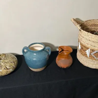 Handmade Indonesian Basket and Assorted Pottery & Art Glass 