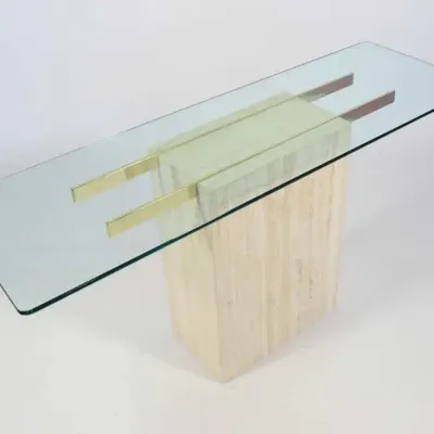 1980s Style Glass Brass and Travertine Console Table