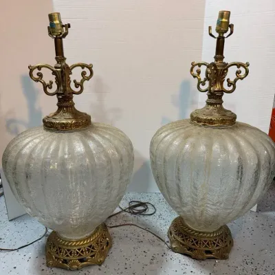 Pair of Carl Falkenstein MCM Crackle Melon Glass Lamps