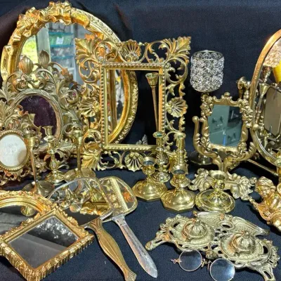 Assortment of Brass Decor - Mirrors, Frame, Candlesticks 