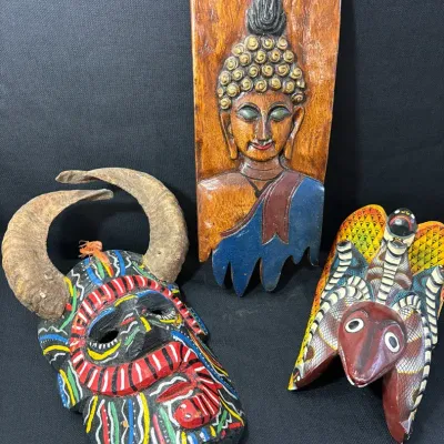 Sri Lanka Raksha Tribal Mask, Guatemala Carved Wood Devil Dance Mask