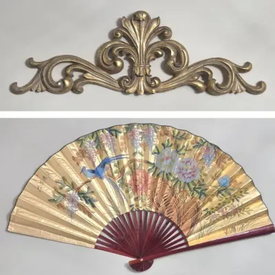 Pair of Vintage Gold Wall Art Pieces: Fan & Scroll Pediment