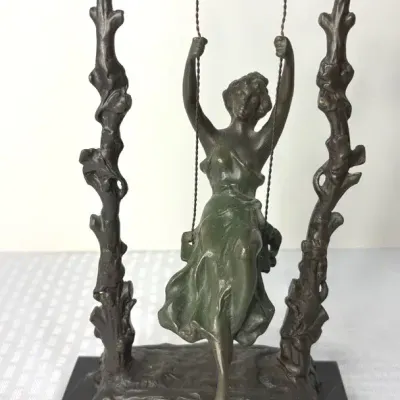 Vintage Marked Augusta Moreau Bronze Lady/Girl on A Swing Sculpture 