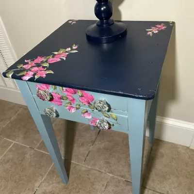 Hand Painted 2 Drawer Table and Birdcage 