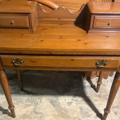 Vintage Solid Pine Fold-Leaf Writing Desk | Compact Console Table with Two Lidded Storage Boxes, Sca
