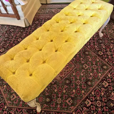 Gold-Tone Tufted Upholstered Bench with Cabriole Legs