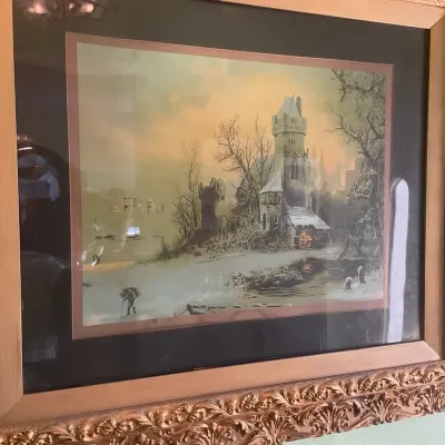 Framed Vintage Lacquered Print "Romantic Winter Landscape" By Albert Bredow
