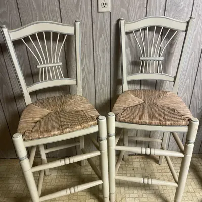 Pair of Vintage Ethan Allen Country French Wheat-Sheaf Counter Stools - Rush Seats