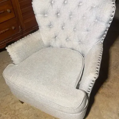 Gray Tufted Barrel-Back Accent Armchair | Button-Tufted Upholstered Club Chair with Nailhead Trim & 
