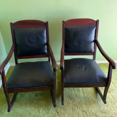 Matching Vintage Black Faux Leather Nailhead Rocking Chairs 