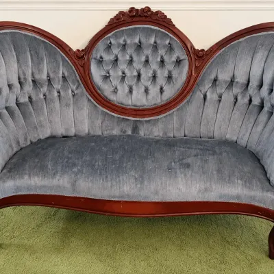Victorian Style Tufted Blue Velvet Settee, Carved Mahogany Frame with Oval Medallion Back, Cabriole 