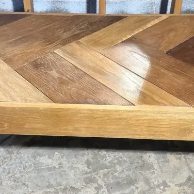 Mid-Century Modern Style Herringbone Parquet Coffee Table | Two-Tone Chevron Wood Top with Oak Frame