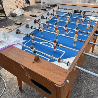 Vintage Woodgrain Foosball Table with Blue Playing Field