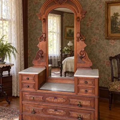 Victorian-Style Marble-Top Dresser/Vanity with Ornate Arched Mirror