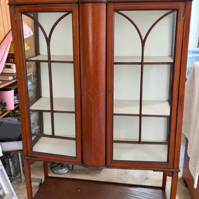Inlaid Wood Display Cabinet with Arched Glass Doors