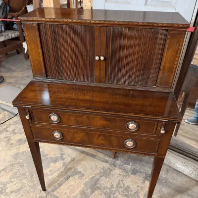 Tambour-Door Secretary Desk with Decorative Inlay & Floral Pulls