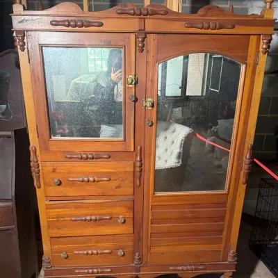Antique Cedar Chifforobe Wardrobe | Mirrored Doors, Three Drawers, Louvered Panel & Turned Spindle A