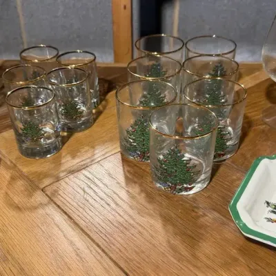 Spode Christmas Tree Gold-Rim Glassware & Dishes Lot, 23 Pieces: Flutes, Rocks, Cordials, Brandy Sni
