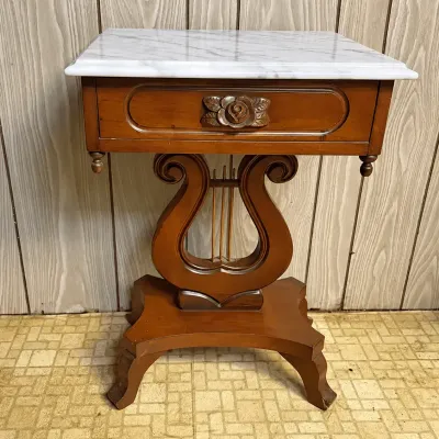 Victorian Revival Mahogany Lyre Side Table with Italian Carrara Marble Top