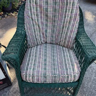 Dark Green Wicker Armchair with Plaid Cushions
