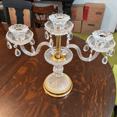 Vintage Crystal & Brass 3-Light Candelabra, 17.5" x 16", Cut Glass Bobeches with Prisms, Curved Glas