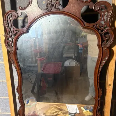 Antique Rococo Style Carved Mahogany Wall Mirror | Ornate Pierced Scroll Crest & Serpentine Shaped F