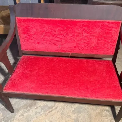 Antique Arts & Crafts Mahogany Settee | Red Velvet Upholstered Loveseat Bench with Arched Open Arms 
