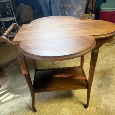 Vintage Mahogany Drop-Leaf Tea Cart with Spindle Handle and Rolling Casters