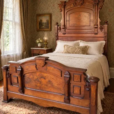 Antique Ornate Victorian-Style Wooden Bed Frame with Tall Headboard