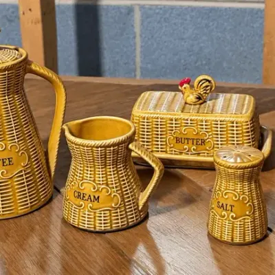 Vintage Ceramic Rooster Basket Weave Kitchen Set | 8-Piece Coffee Pot, Sugar, Creamer, Butter Dish, 