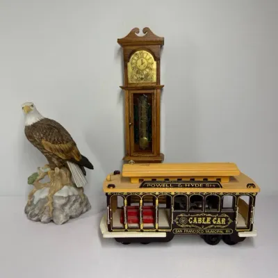Three Wind-Up Music Boxes: Cable Car, Bald Eagle & Miniature Grandfather Clock