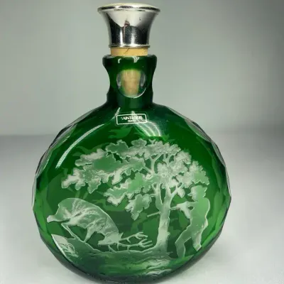 Sevres Green Decanter w/ Etched Waterfowl Buck & Stopper