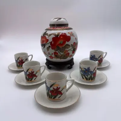 Vintage Hand-Painted Hong Kong Porcelain Ginger Jar & Japanese Floral Demitasse Set 12 Pieces