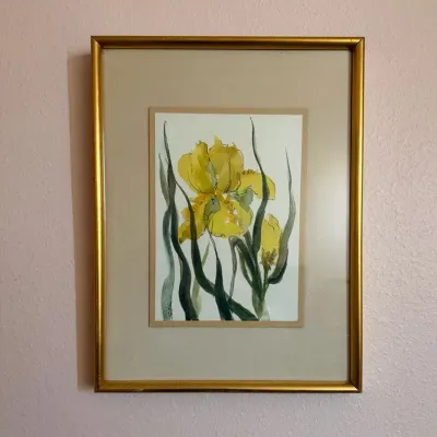 Billie Golden Signed Yellow Iris Floral Artwork in Gold-Tone Frame  