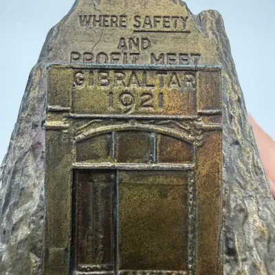 Vintage Banthrico Rock of Gibraltar Savings Houston,Texas Cast Metal Advertising Coin Bank