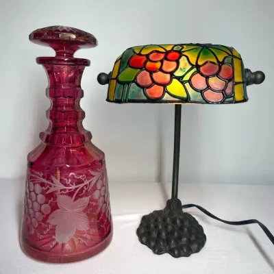 Grape Motif Lamp & Cranberry Glass Decanter